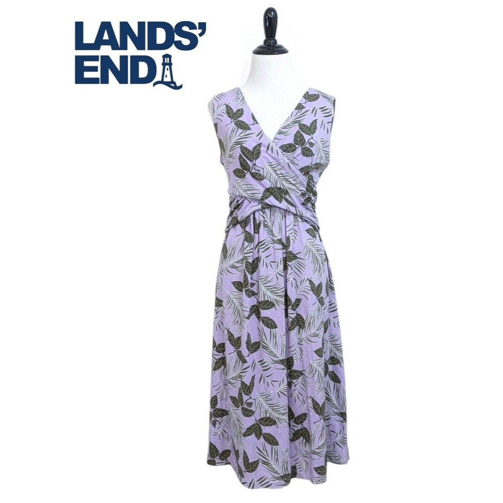 Lands' End Purple & Green Leaf Print Faux Wrap Dress - Size Medium Tall 10-12